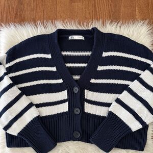 Zara Chunky Knit Cardigan Sweater Womens Small Blue White Striped Cropped Button